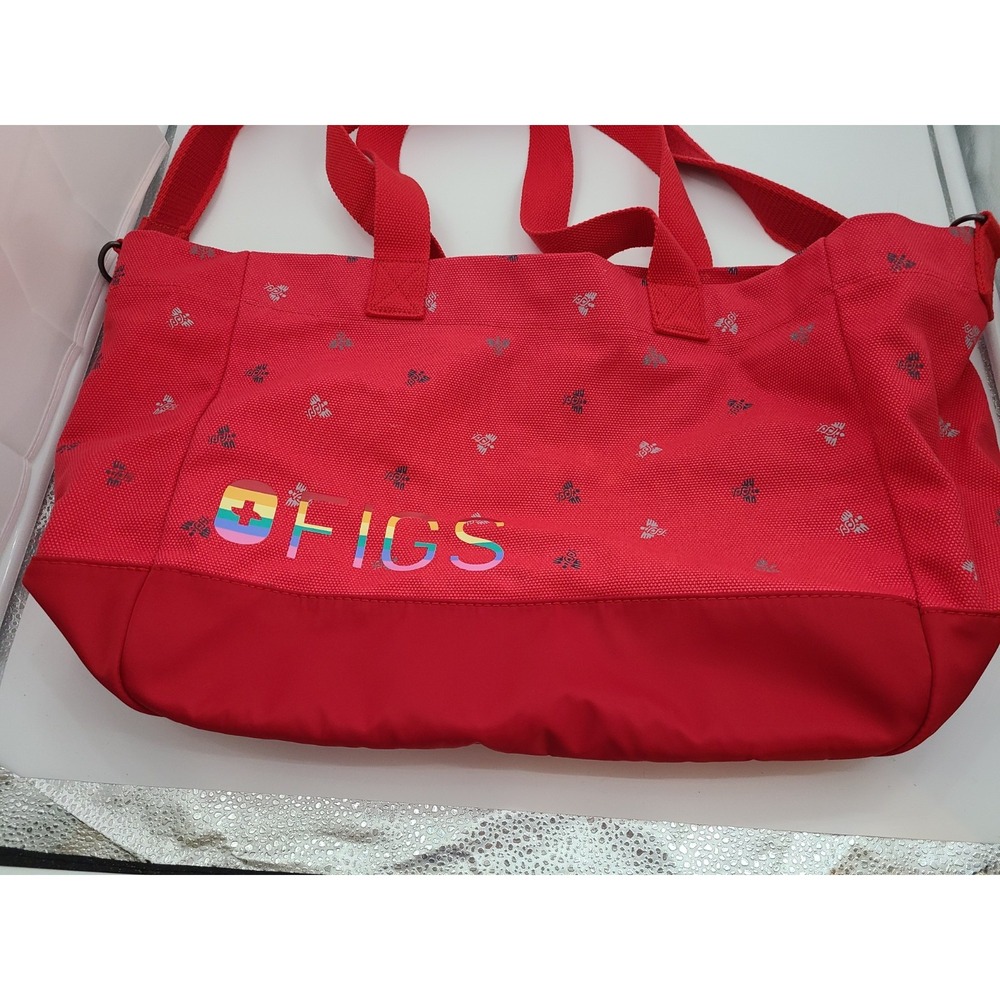 FIGS Red Rainbow Tote Bag Logo Accent Snap Closure Shoulder Strap Women's Bag